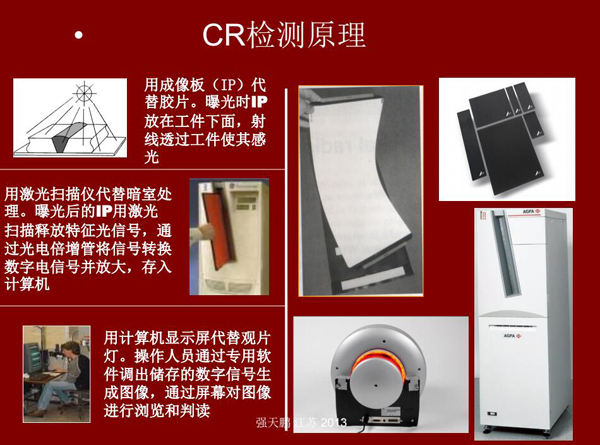 CR檢測原理:用成像板代替膠片,曝光時成像片放在工件下面,射線透過工件使其感光;曝光后的成像板用激光掃描釋放特征光信號,通過光電轉換存入計算機