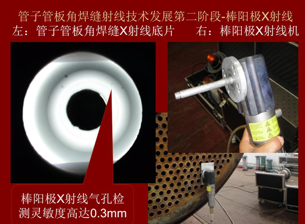 管子管板角焊縫射線技術發展第二階段:棒陽極X射線,棒陽極X射線采用棒陽極X射線機,其氣孔檢測靈敏可高達0.3mm