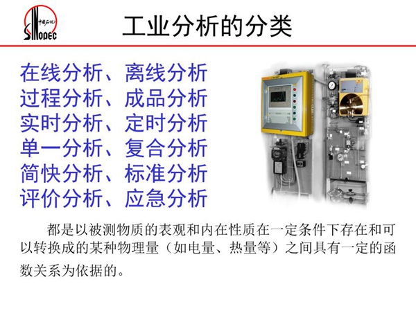 工業(yè)分析的分類:在線分析、離線分析、過程分析、成品分析、實時分 析、定時分析、單一分析、復(fù)合分析、標(biāo)準(zhǔn)分析等。