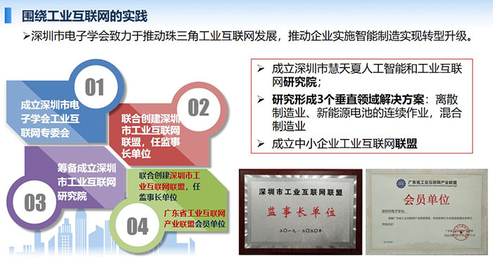 圍繞工業互聯網的實踐：深圳市電子學會致力于推動珠三角工業互聯網發展，推動企業實施智能制造實現轉型升級。