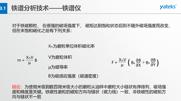 鐵譜儀中顆粒的沉積過程：含有磨粒的油樣流經磁場時，磨粒受到重力、 液體浮力、 磁場力和顆粒 下落過程中所受油液粘滯阻力的聯合作用。  重力和浮力的合力同磁場力相比是很小的，可以忽略不計，在磨粒的沉積過程中，磁場力和粘滯阻力起著決定性的作用。