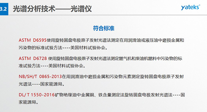 ASTM D6595使用旋轉(zhuǎn)圓盤電極原子發(fā)射光譜法測(cè)定在用潤(rùn)滑油或液壓油中磨損金屬和污染物的標(biāo)準(zhǔn)試驗(yàn)方法----美國(guó)材料試驗(yàn)協(xié)會(huì)。 ASTM D6728 使用旋轉(zhuǎn)圓盤電極原子發(fā)射光譜法測(cè)定燃?xì)鈾C(jī)和柴油機(jī)燃料中污染物的標(biāo)準(zhǔn)試驗(yàn)方法----美國(guó)材料試驗(yàn)協(xié)會(huì)。 NB/SH/T 0865-2013在用潤(rùn)滑油中磨損金屬和污染物元素測(cè)定旋轉(zhuǎn)圓盤電極原子發(fā)射光譜法----國(guó)家能源局。 DL/ T 1550-2016礦物絕緣油中金屬銅、鐵含量測(cè)定法旋轉(zhuǎn)圓盤電極發(fā)射光譜法----國(guó)家能源局。